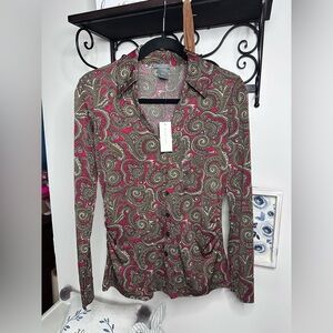 Ann Taylor NWT Red and Olive Paisley Button Down Shirt